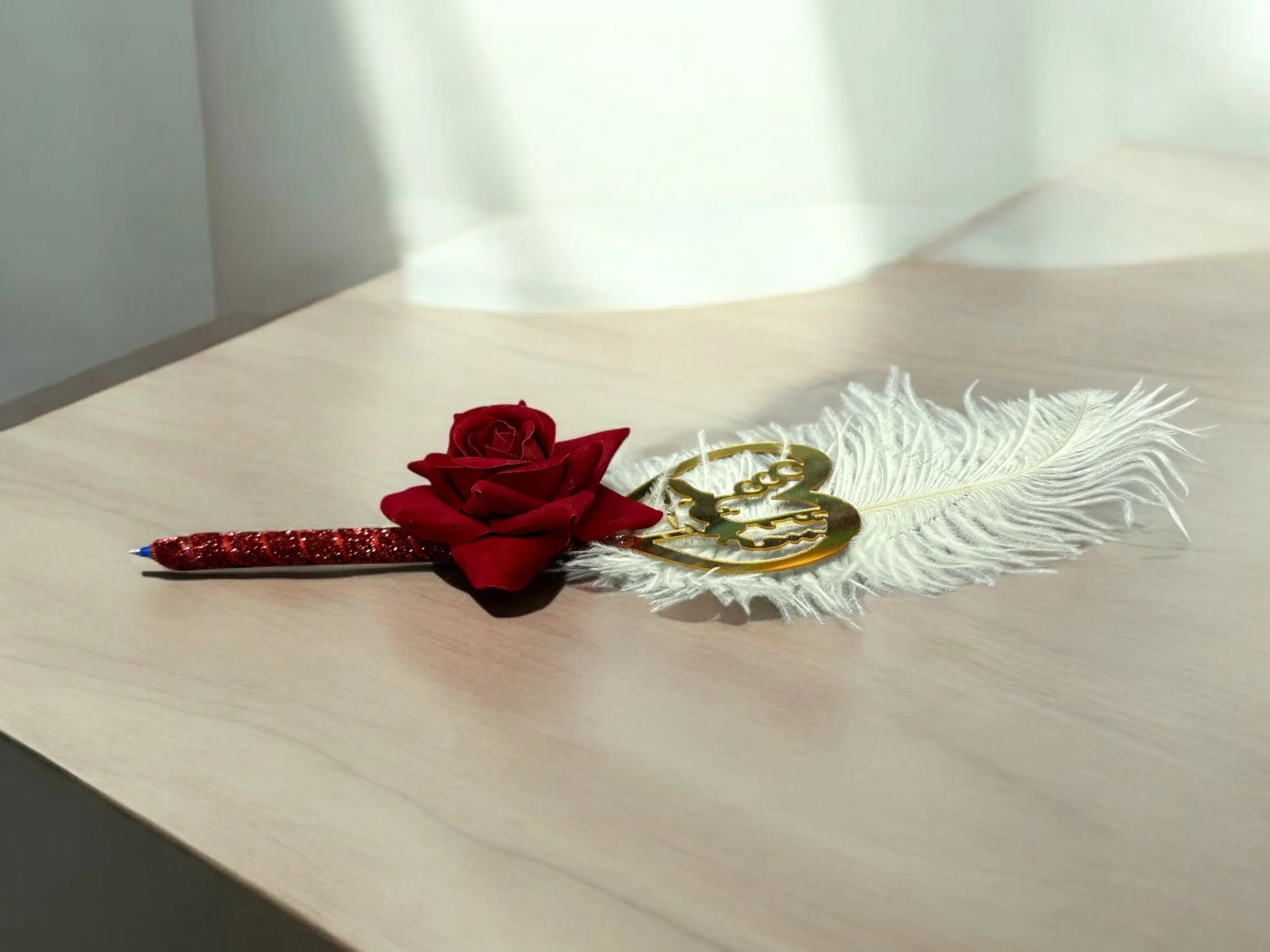 Nikhayi Pen with velvet wrap, red rose, and white feather for Nikah ceremony
